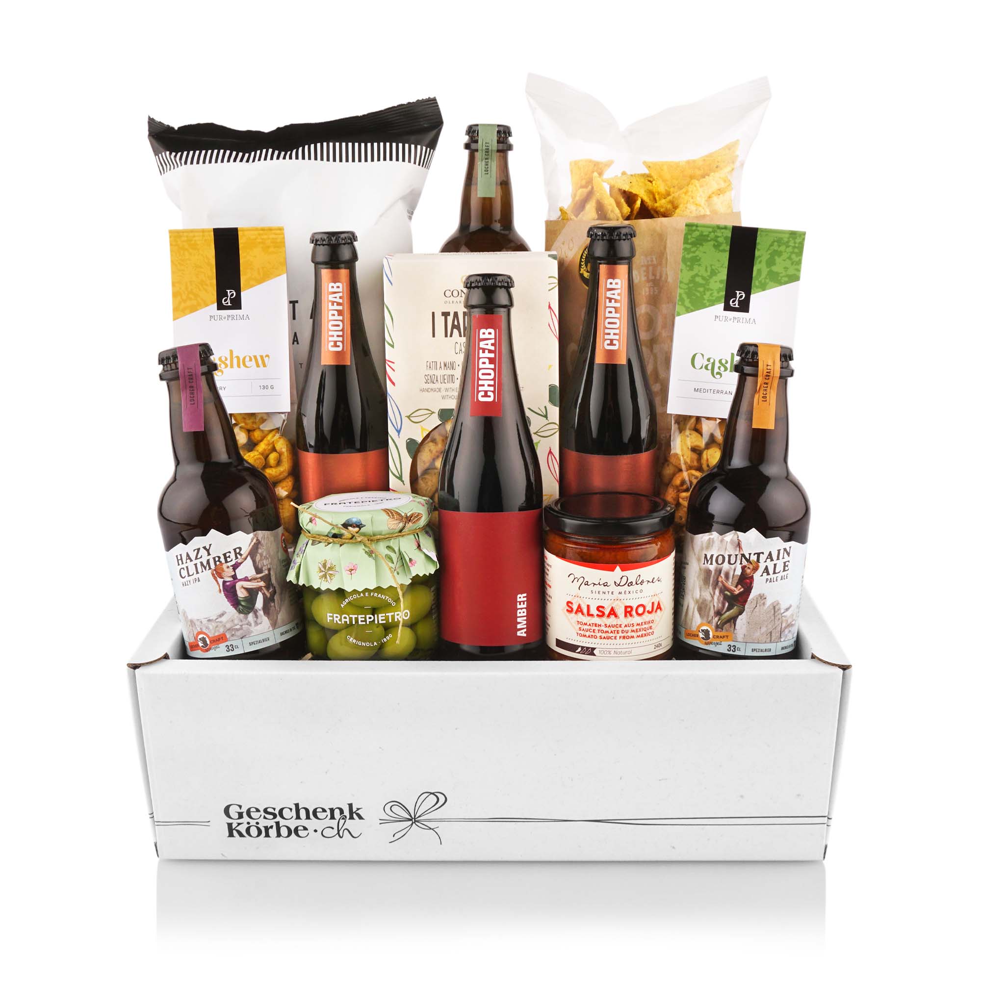 Geschenkbox, Essensgeschenk, Getränke assortiert, Snackglas, Choco/Bier-Kombo