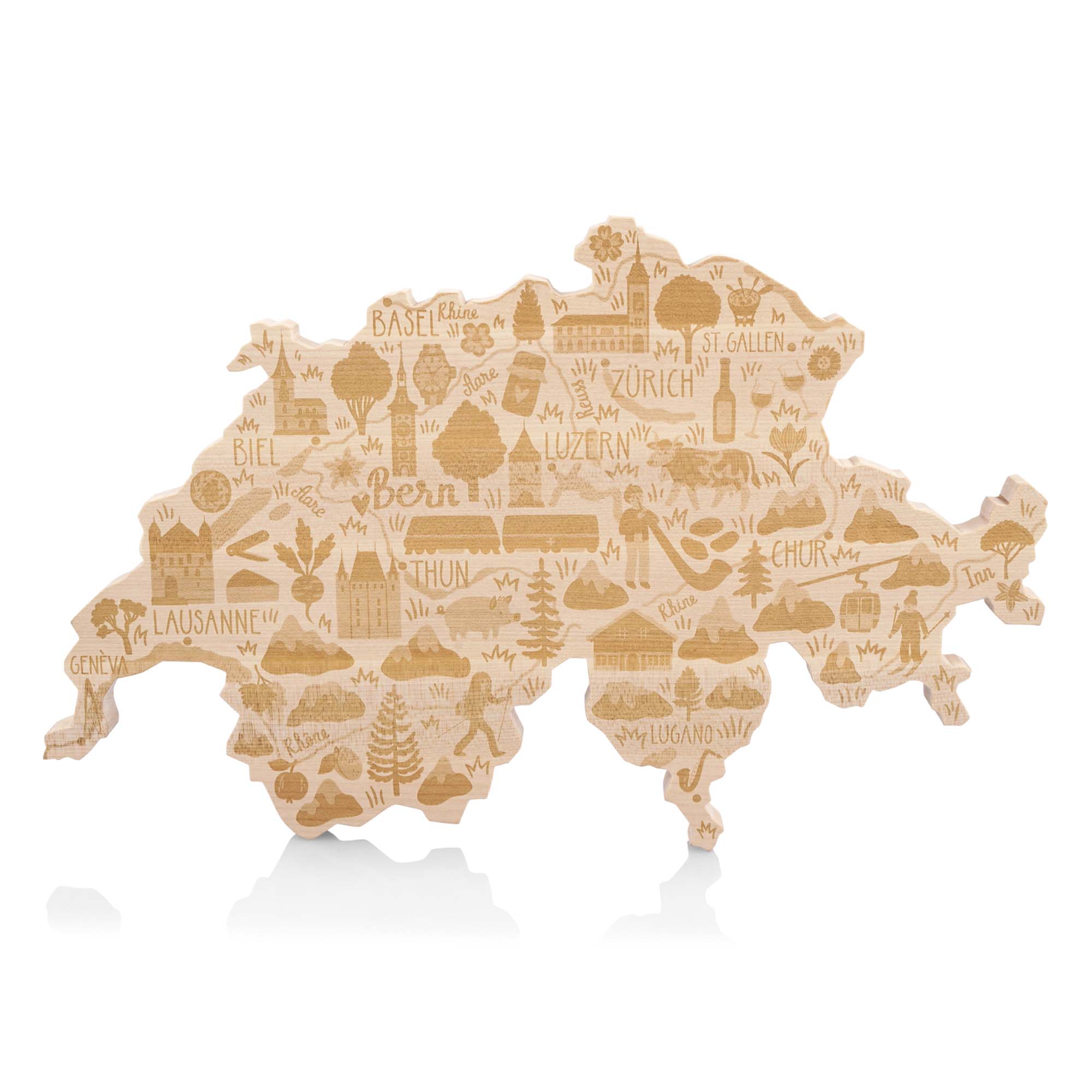 Schneidebrett "Schweizer Wahrzeichen" Ahorn massiv Swiss Made, 390x249x20mm Schneidebrett "Schweizer Wahrzeichen" Ahorn massiv Swiss Made, 390x249x20mm