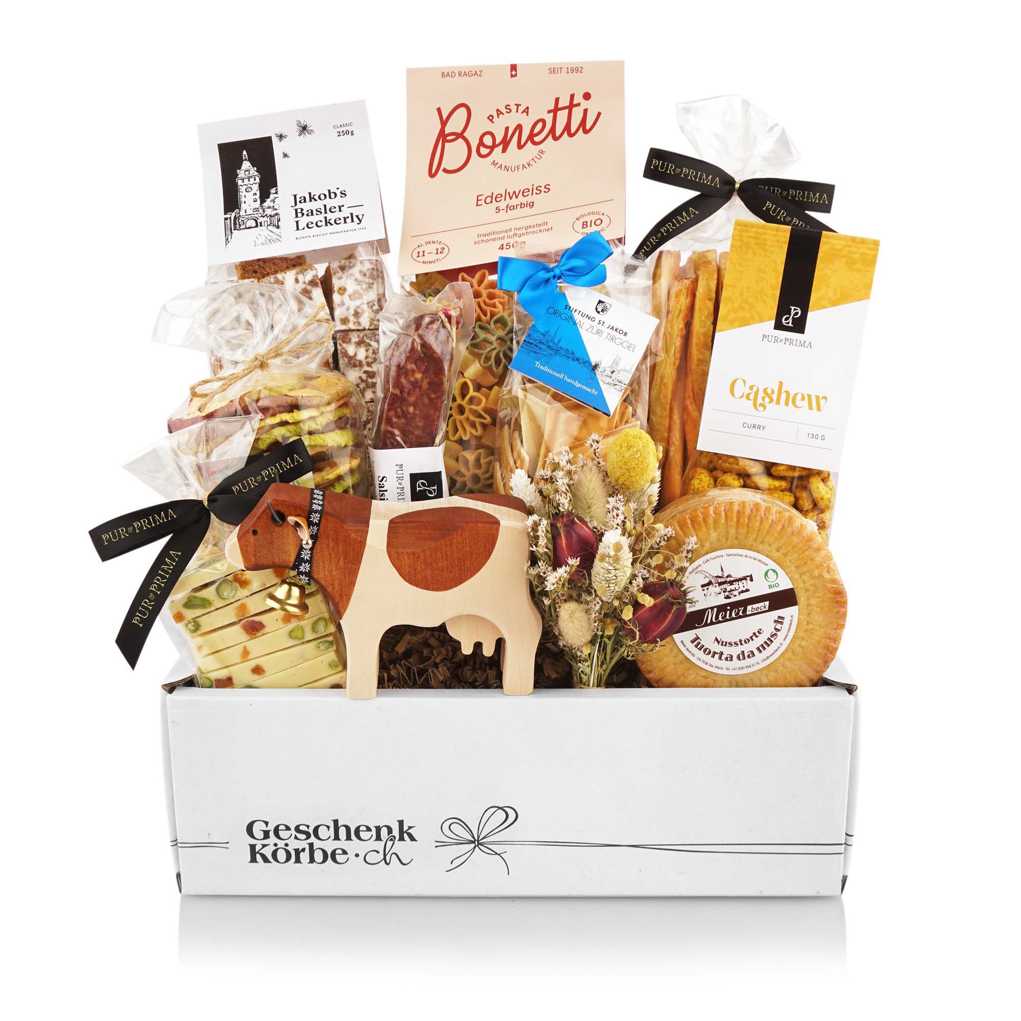 Geschenkbox, Gemischte Snacks, Pasta, Käse, Holz-Kuh Ornament