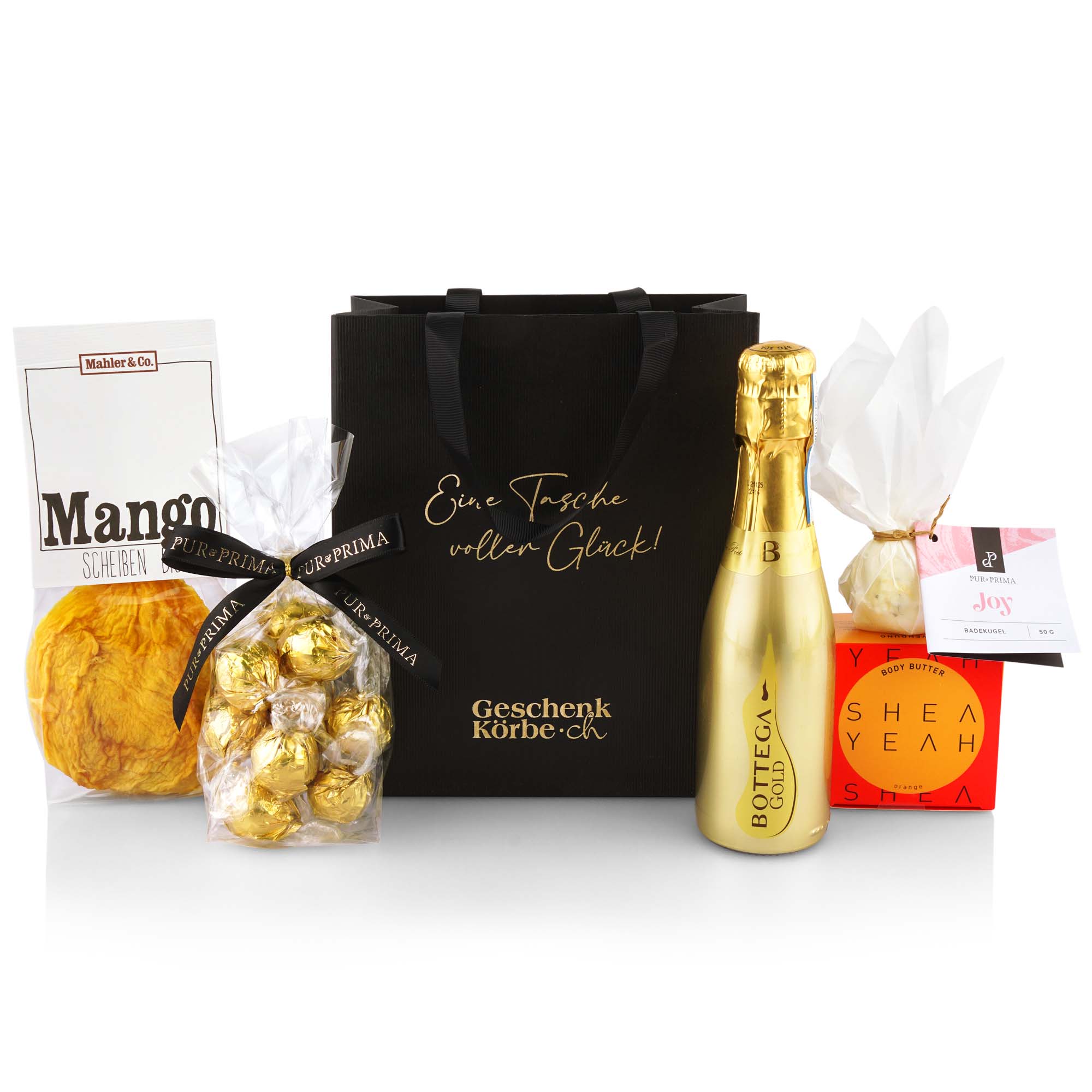 Geschenkset, Sektflasche, Pralinen, Körbe, Hochwertig