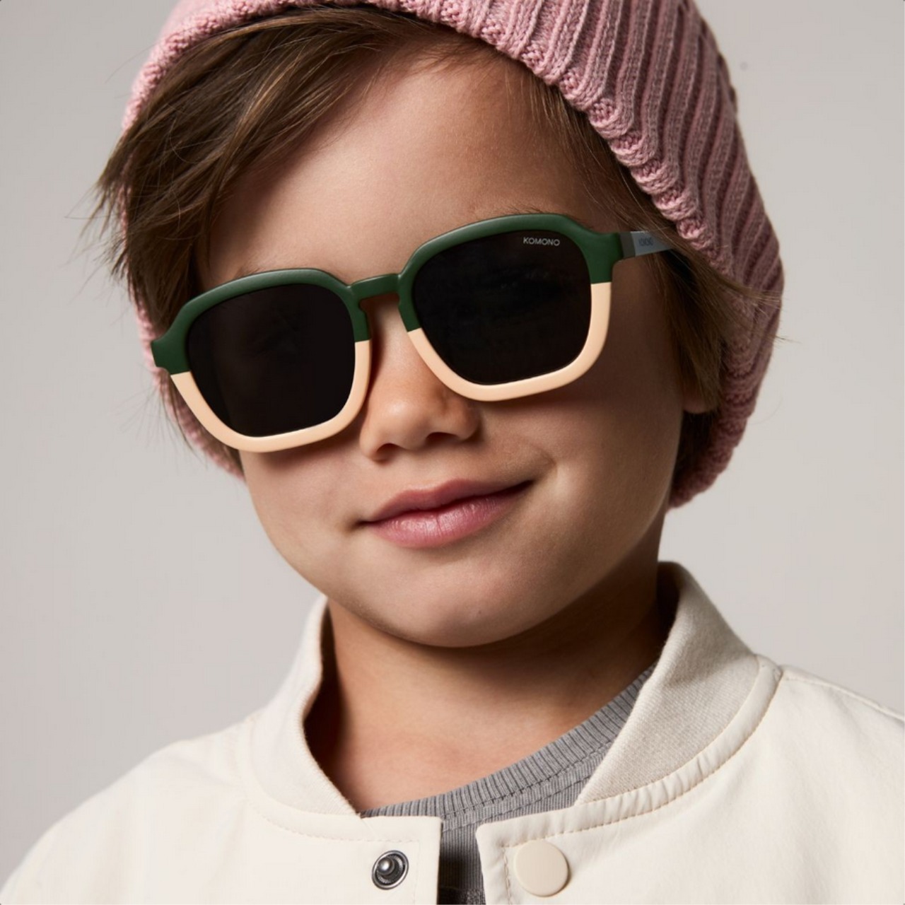 Sonnenbrille, Kinder-Sonnenbrille, Grüner beiger Rahmen, Rechteckige Brillen, Dunkle Gläser