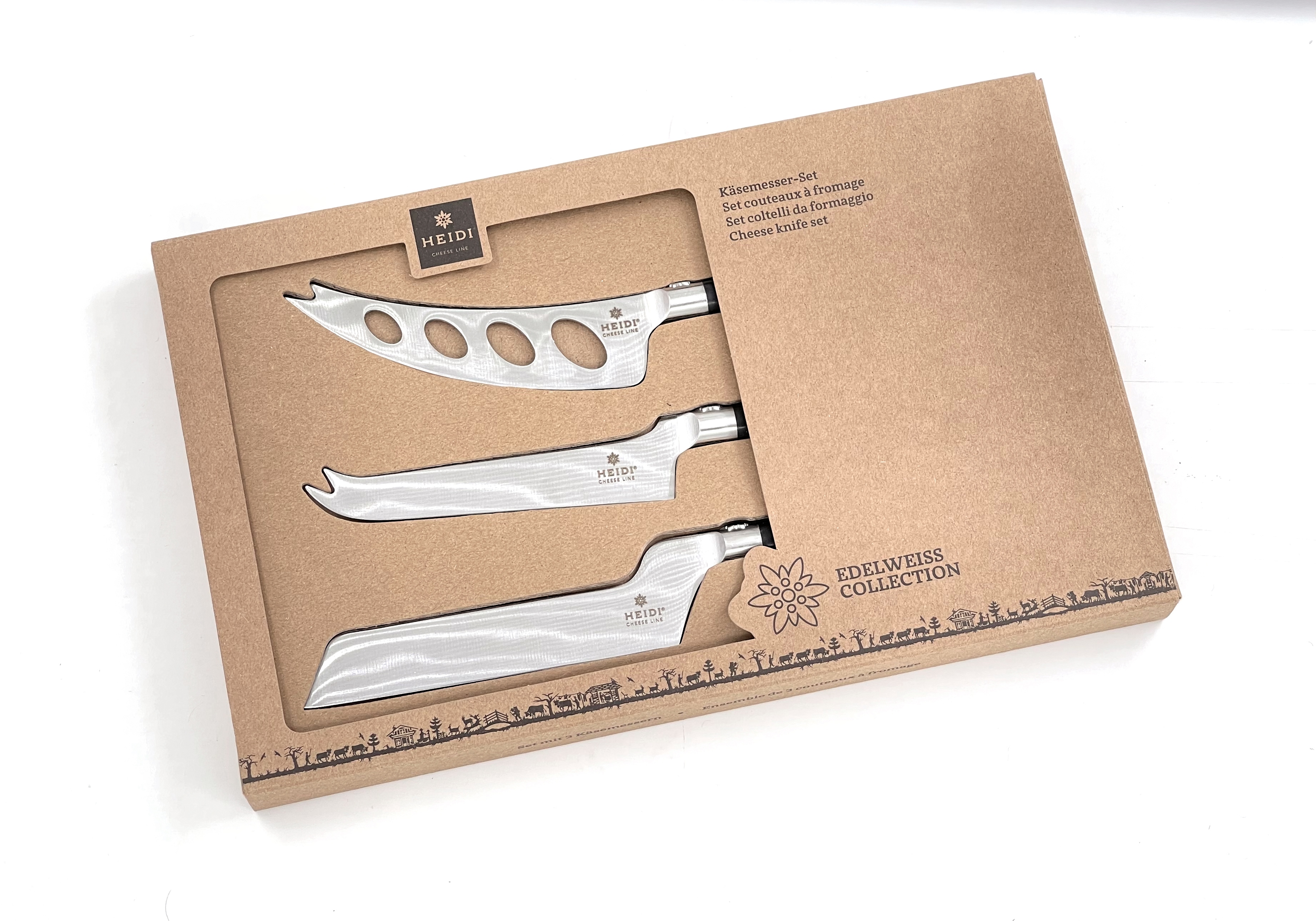 3er Set von Käsemessern mit Edelweiss-Kropf - Inhalt:  1 x Weichkäsemesser + 1 x Käsemesser Universal + 1x Hartkäsemesser