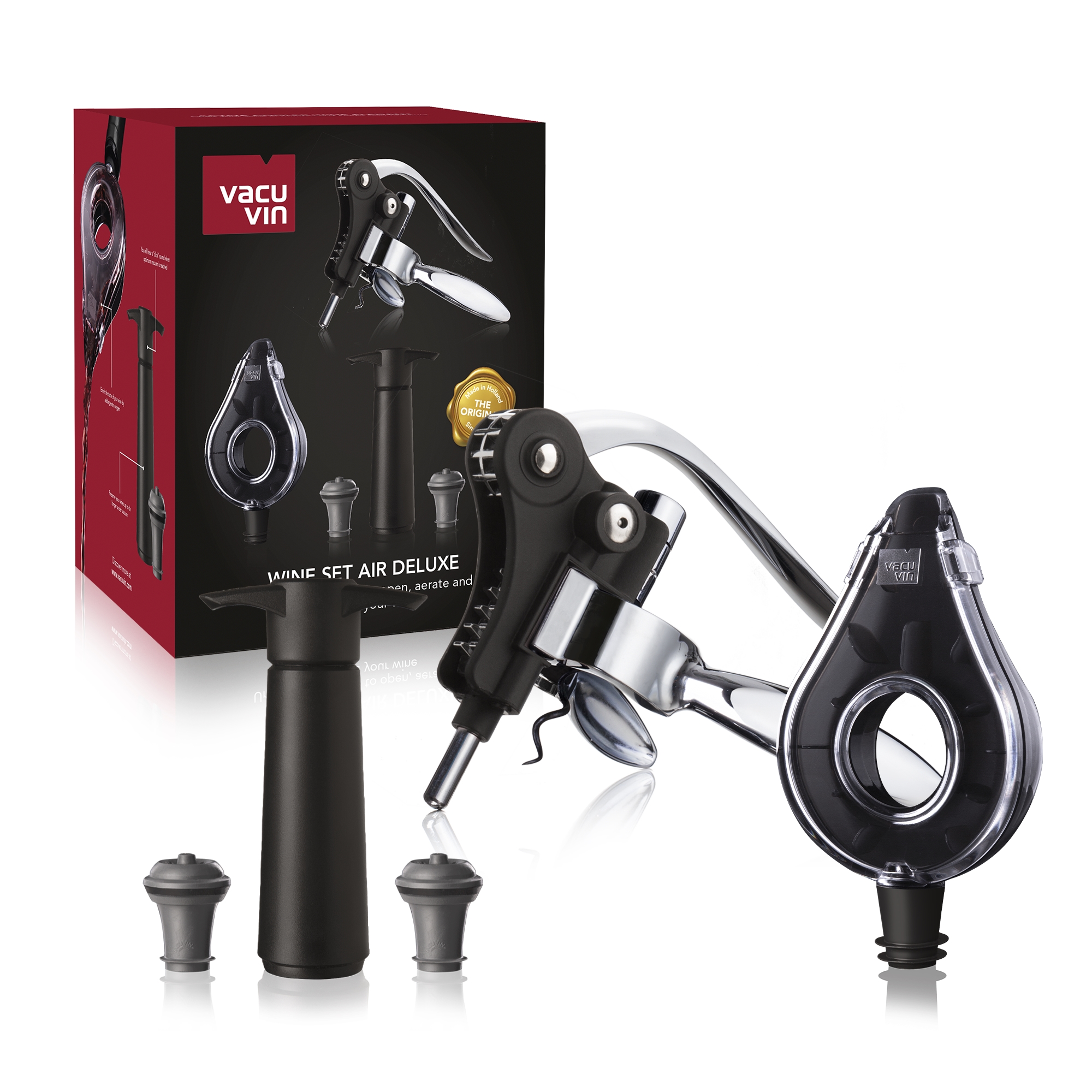 Wine Set Air Deluxe 5 Stk.(Hebelkorkenzieher Zange - Weinbelüfer - Wine Saver Pumpe + 2 Zapfen)