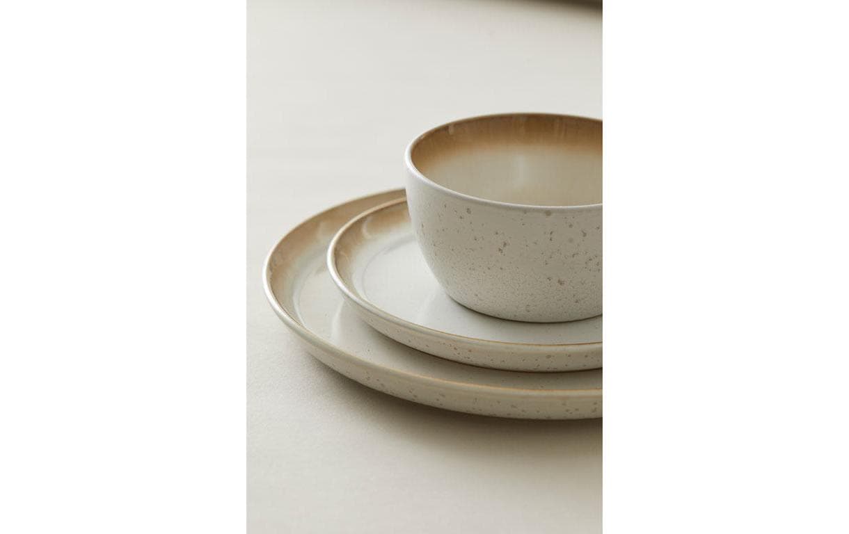 Steinzeug, Schüssel, Teller, Keramik, gesprenkelt, creme