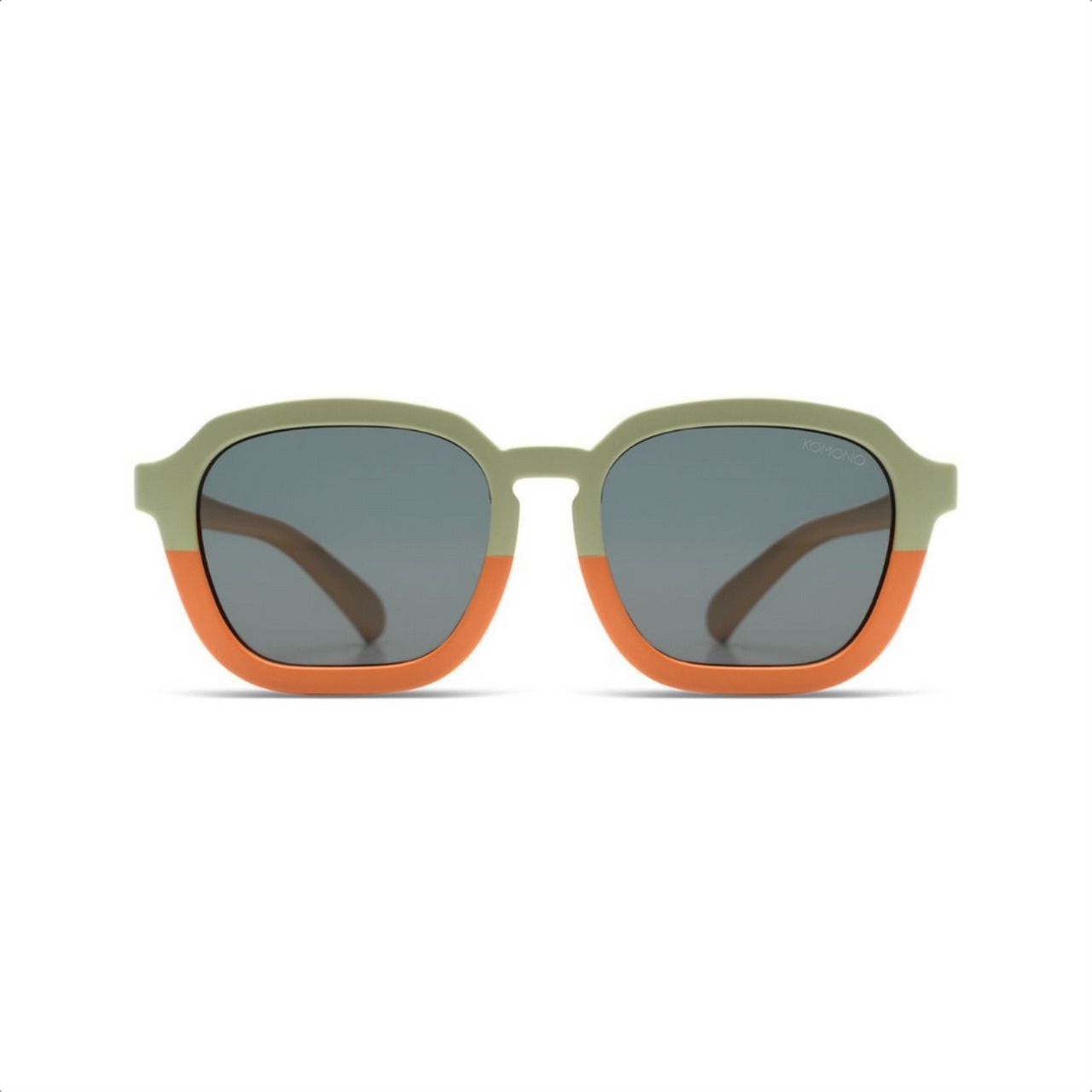 Sonnenbrille, Rahmen grün, Orange Akzent, graue Gläser, ungewöhnliches Design