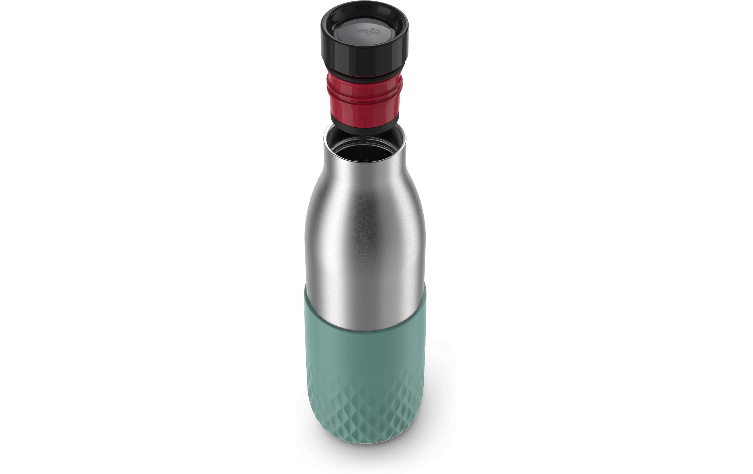  Trinkflasche,  Edelstahl,  roter Verschluss,  mintgrüne Griff,  schmeißverschluss-Deckel