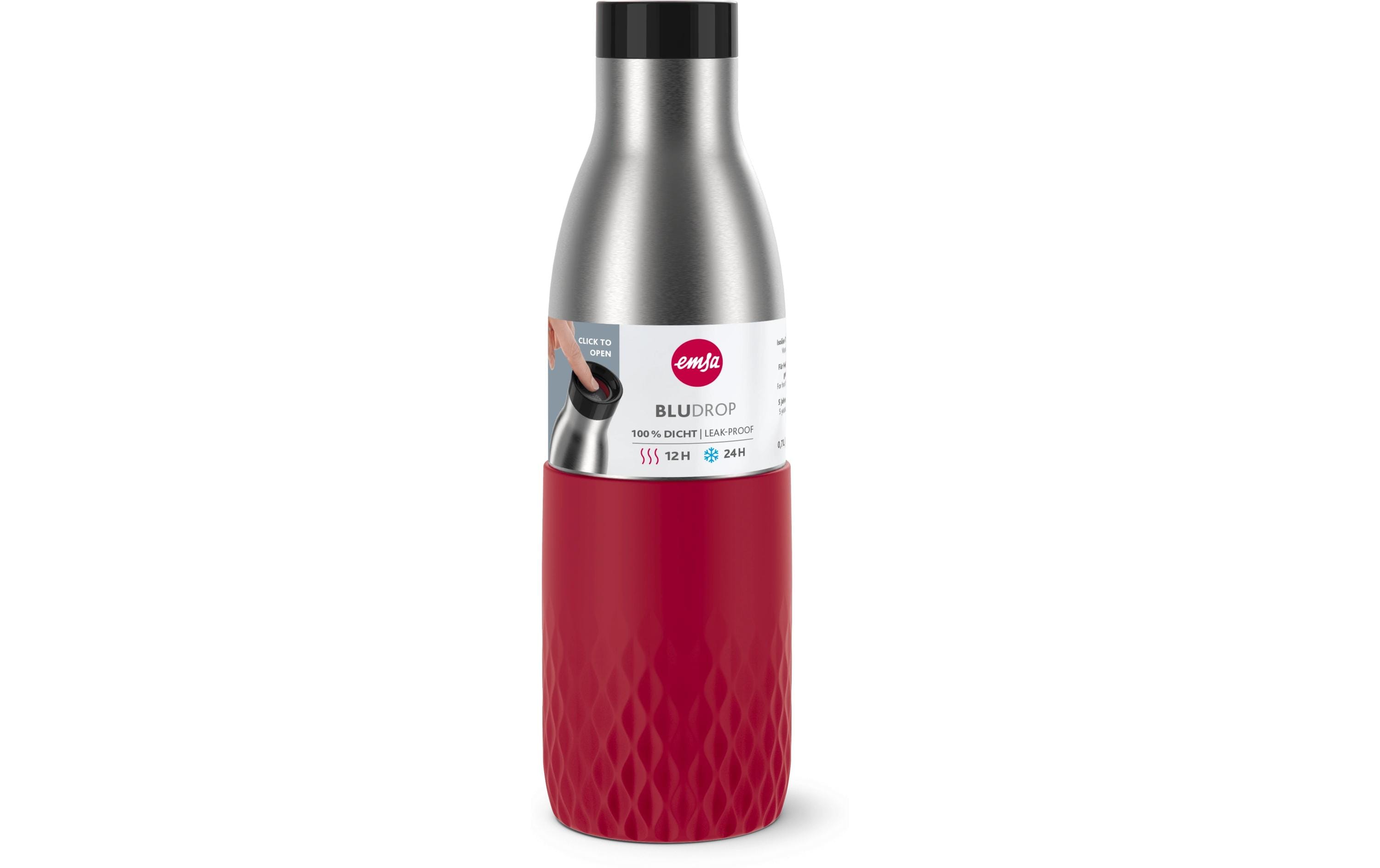 Trinkflasche, Edelstahl, roter Griff, isolierter Deckel, 100% dicht