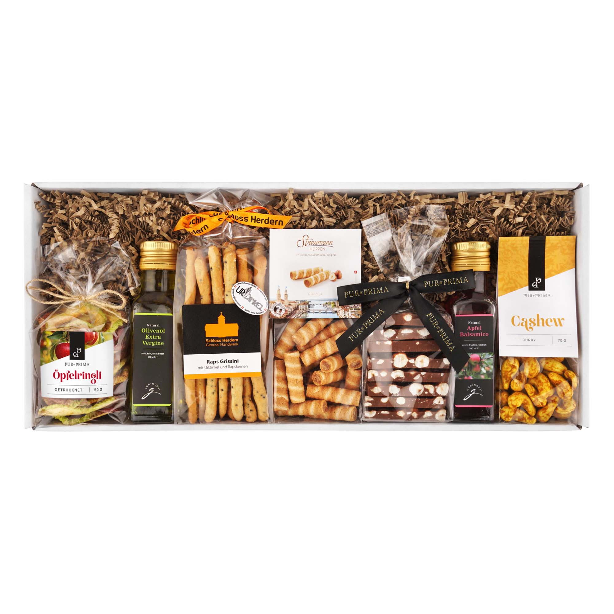 geschenkbox, snack-auswahl, gebäck, olive oil, cashews