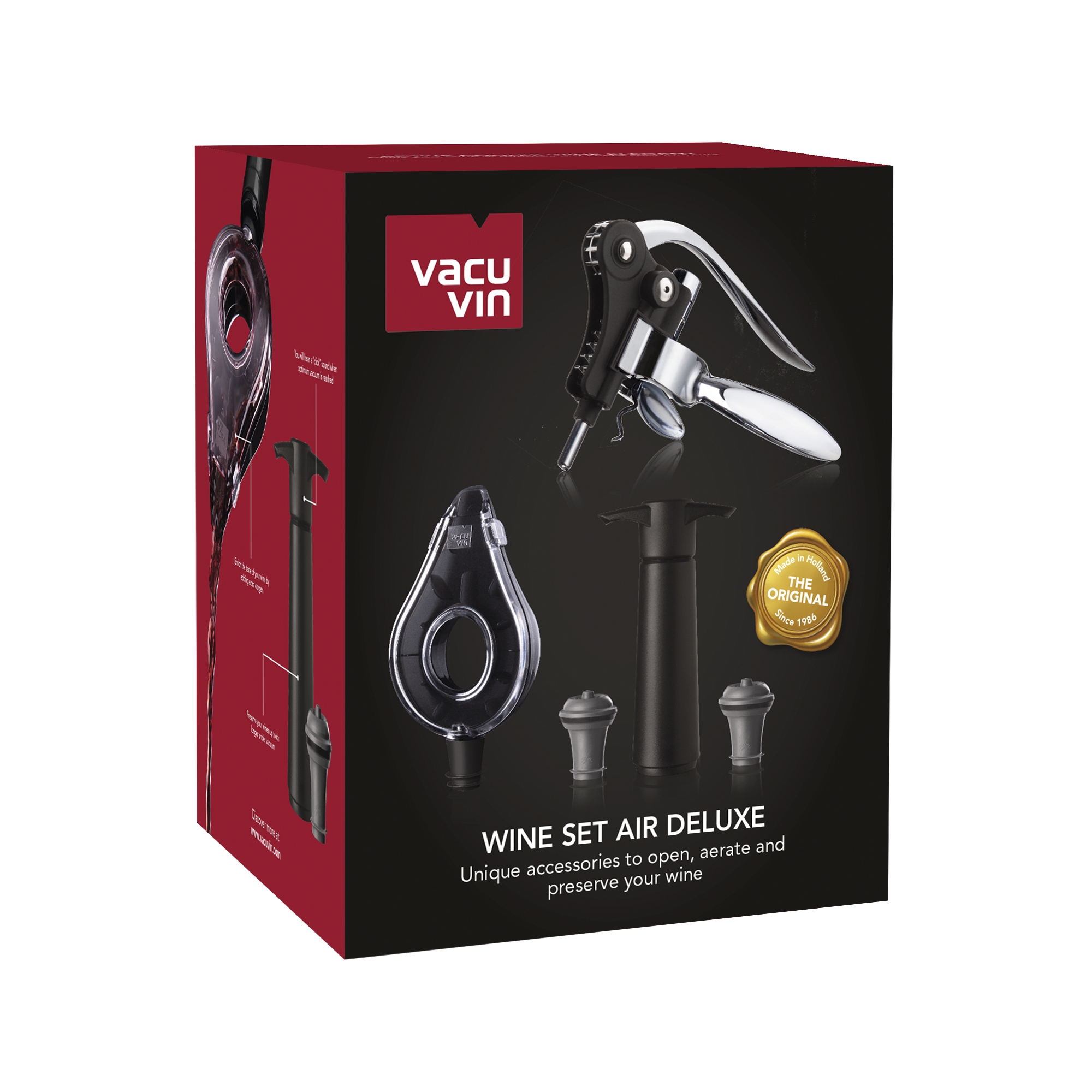 Wine Set Air Deluxe 5 Stk.(Hebelkorkenzieher Zange - Weinbelüfer - Wine Saver Pumpe + 2 Zapfen)