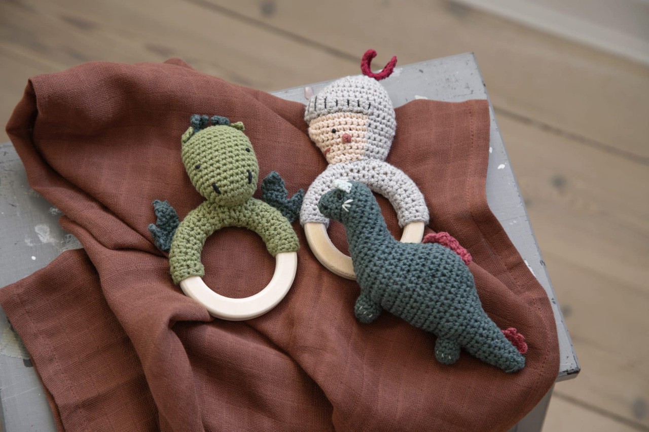 Greifling, Kratzspielzeug, Krochet, Drachen, Holzring