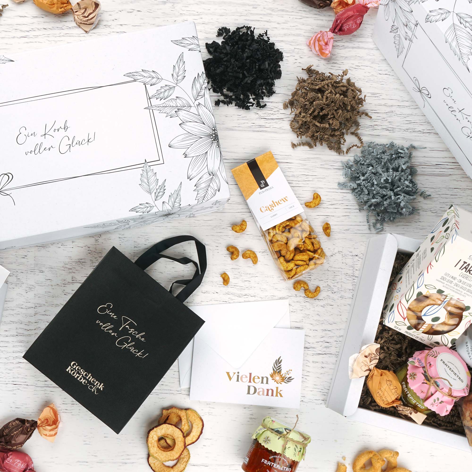 Geschenkset, Schachtel, Keks/Knabbergebäck, Dankeskarte, Dekorpaket