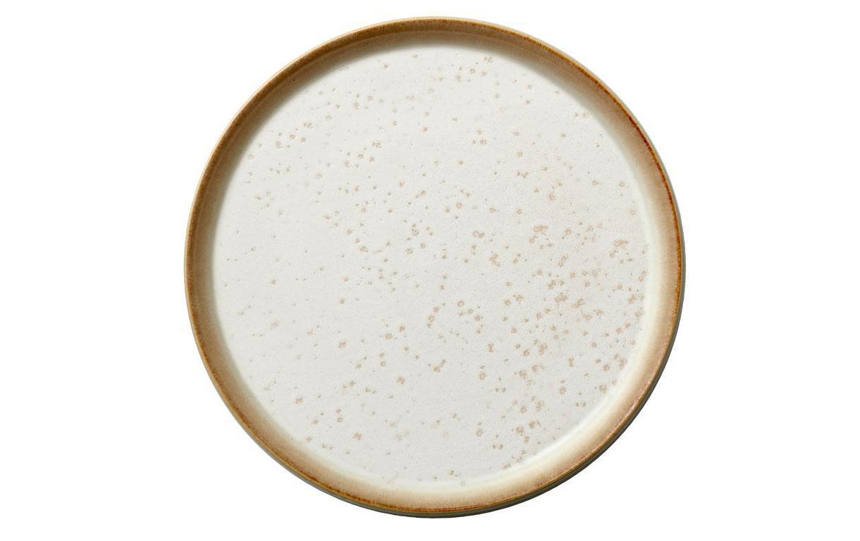 Teller, Porzellan, weiße Platte, bräunlicher Rand, gepunktete Oberfläche