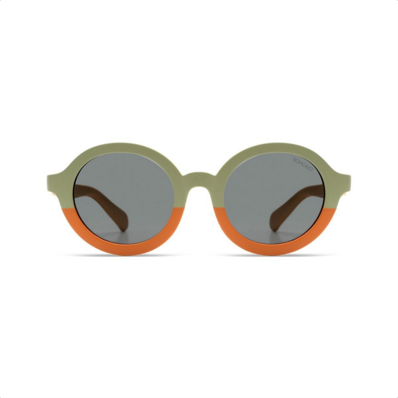 Sonnenbrille, runde Gläser, grüne Rahmen, orange Unterteil, graue Gläser