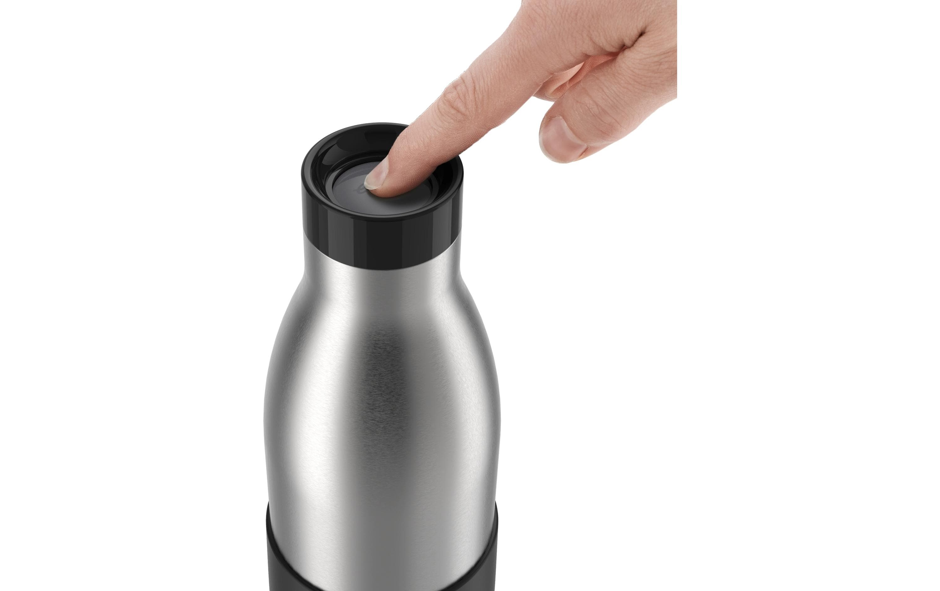 Trinkflasche, Stahl, Druckknopf, Silikonlippe, Korkenloser Deckel