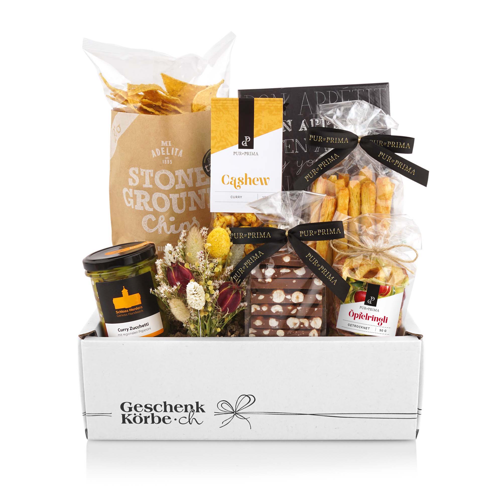 Geschenkbox, Knabberartikel, Cashews, Chips, Kräuterbutter-Paket