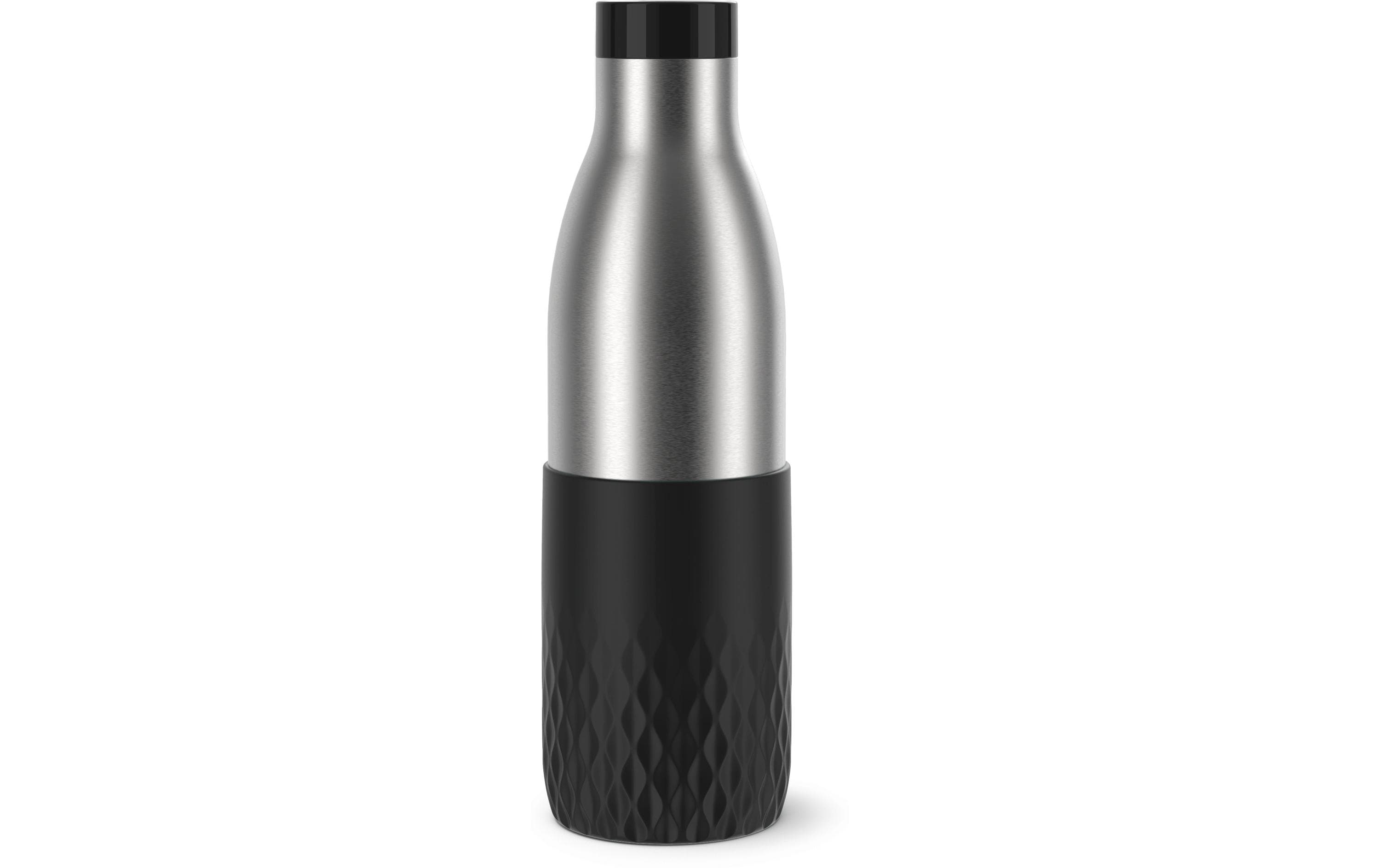 Edelstahlflasche, Metall-Wasserflasche, schwarze Kappe, texturierter Griff, isolierte Flasche