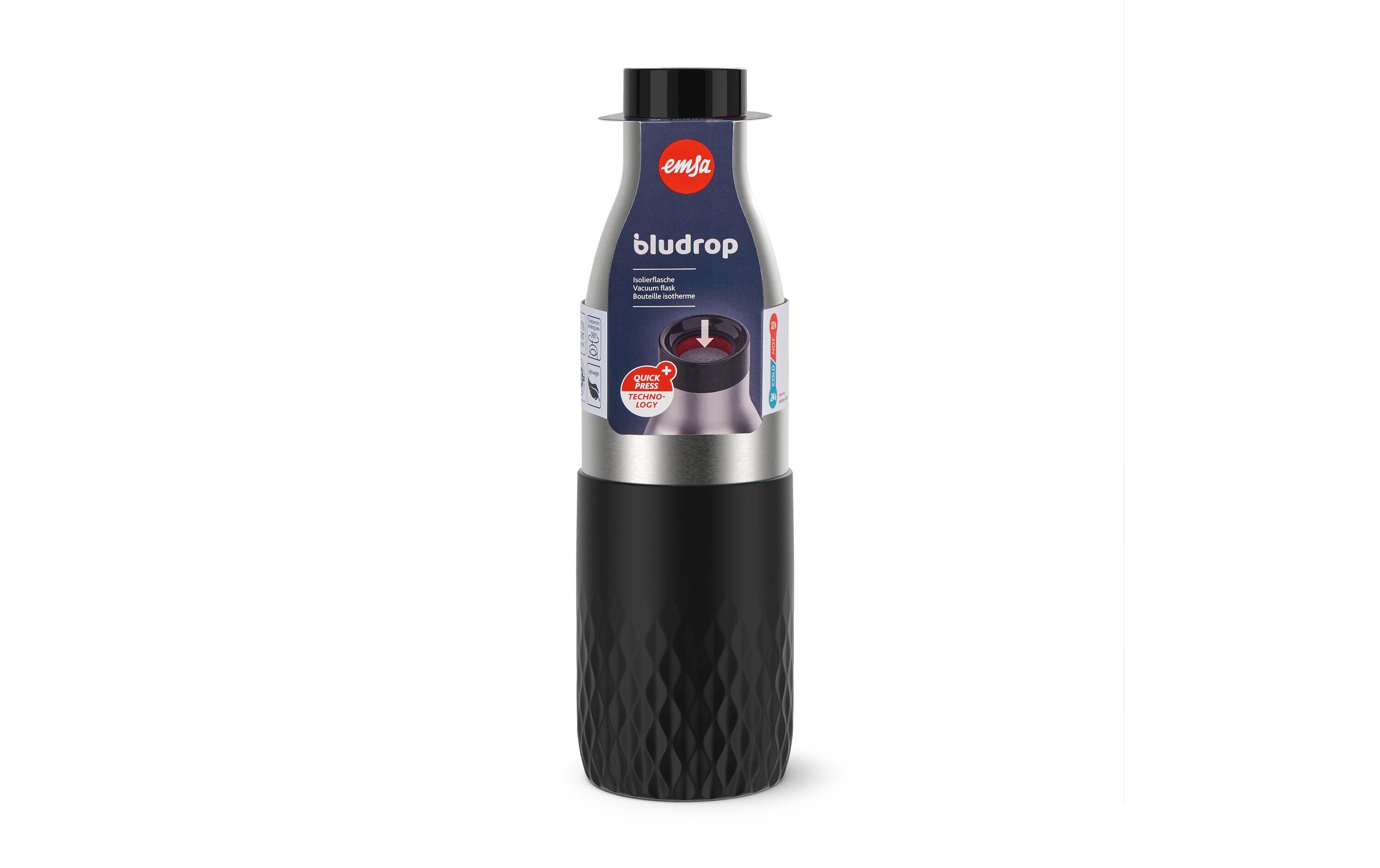 Vakuumflasche, Edelstahl, Blaue Beschriftung, Schwarzer Griff, Isolierte Flasche