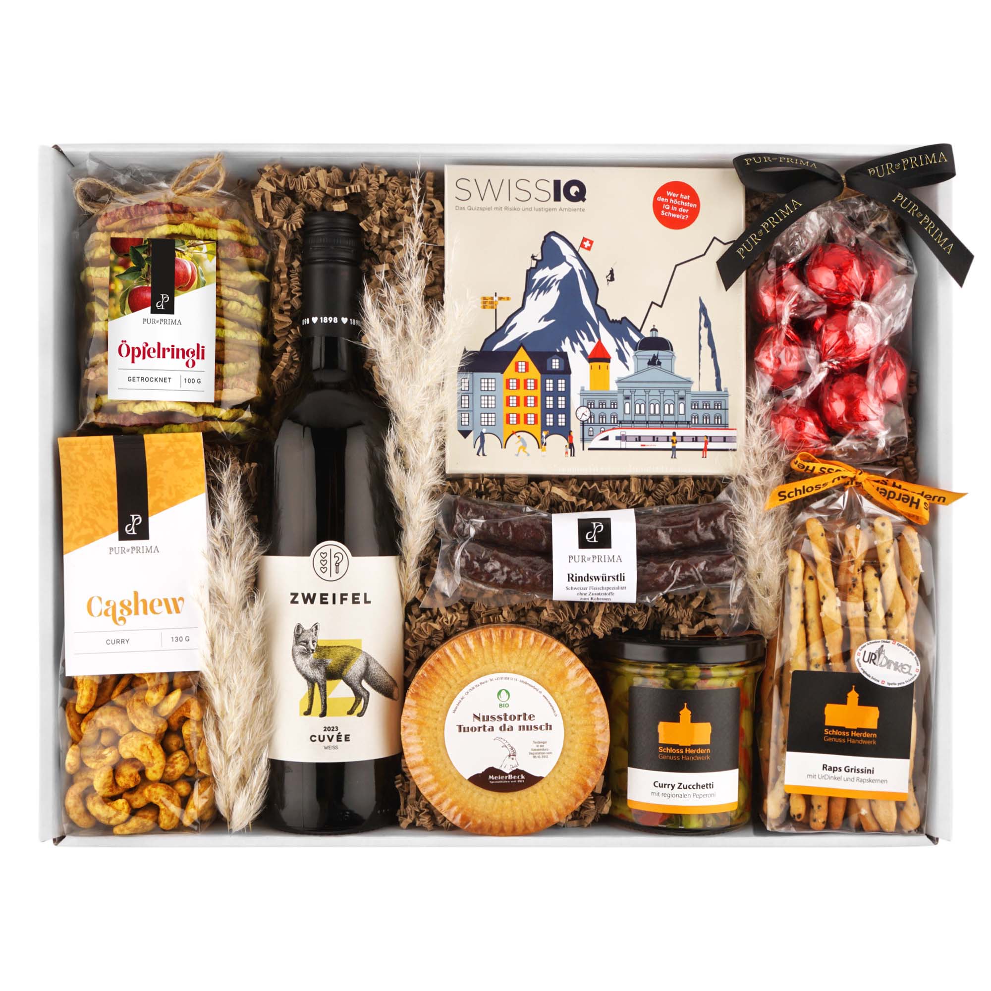 Geschenkkasten, Bunte Snacks, Weinflasche, Käse-Torte, Würzige Nüsse