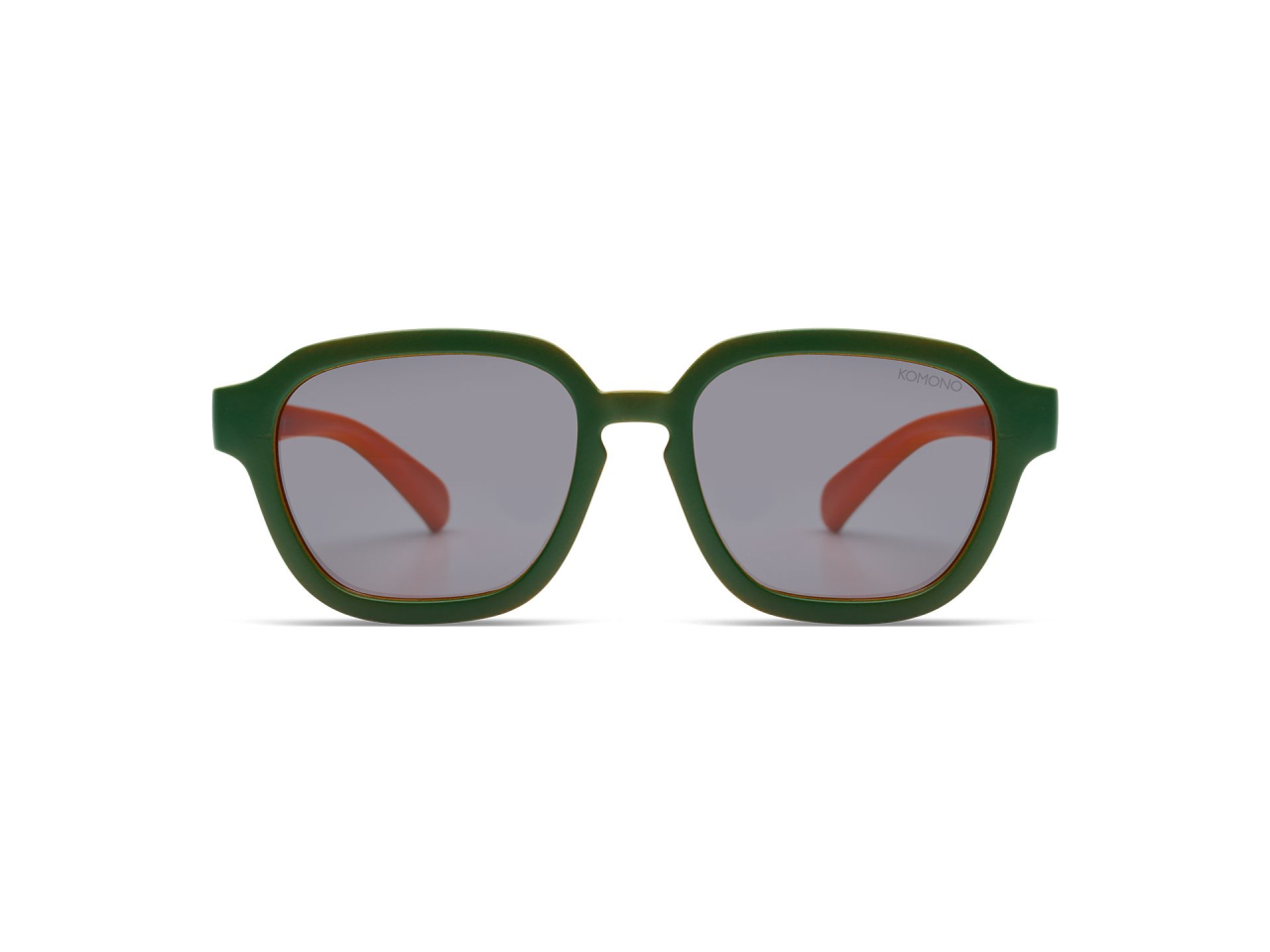 Sonnenbrille, grüner Rahmen, runde/ovale Form, graue Gläser, orangene Bügel